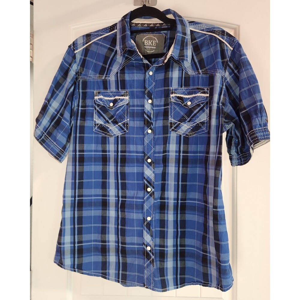 BKE Mens L Athletic Fit Plaid Short Sleeve Pearl Snap Button Shirt 100% Cotton